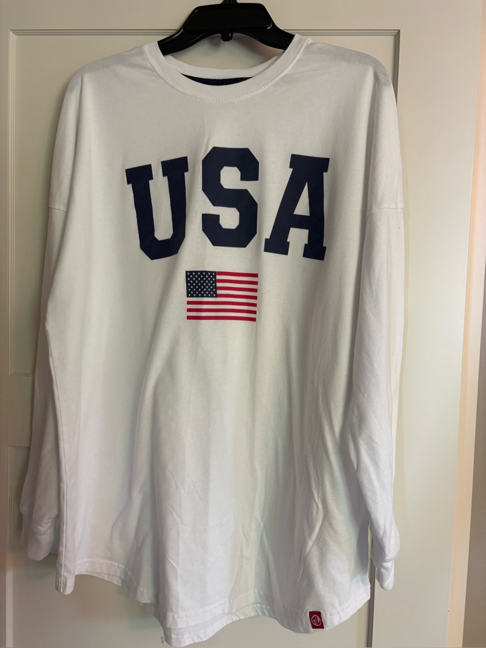 MarleyLilly USA Graphic Long Sleeve Tee - White with Navy & Red- Women’s L/XL